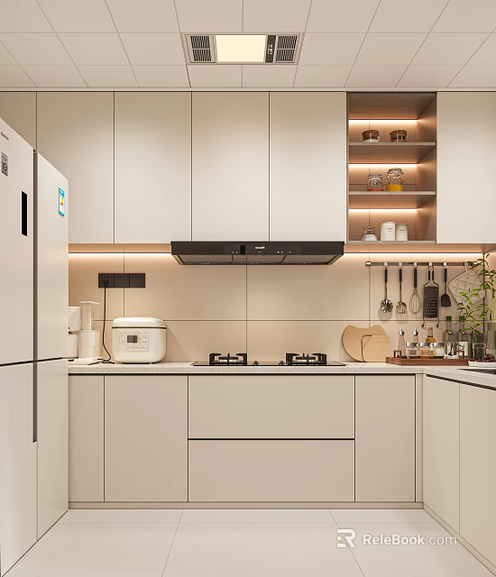 Modern Kitchen Interior Design With White Cabinets Cooktop Range Hood And Hanging Utensils 3d model 