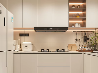 Modern Kitchen Interior Design With White Cabinets Cooktop Range Hood And Hanging Utensils 3d model