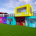 Outdoor Colorful Container Buildings With Night Sky Moon Clouds And Green Grass