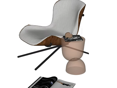 Modern Leisure Chair With White Cushion Wooden Frame Small Table And Magazines 3d model