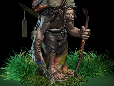 Fantasy Game Character Carrying Firewood In Backpack And Holding Staff On Grass 3d model