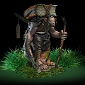 Fantasy Game Character Carrying Firewood In Backpack And Holding Staff On Grass