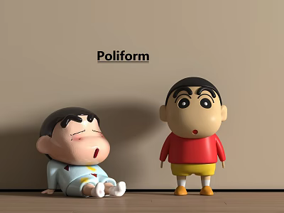 Cute Dolls Sitting and Standing with Light Blue and Red Yellow Outfits on Poliform Background 3d model