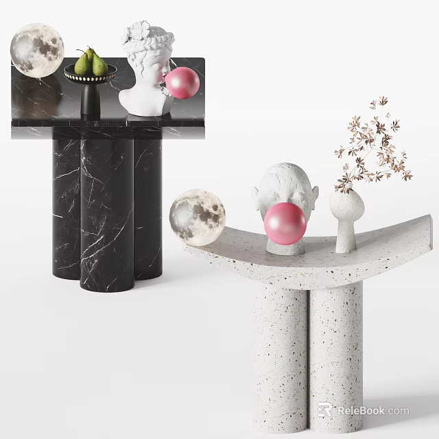 Modern Marble Side Table With Sculpture Pink Ball And Decorative Plant 3d model 