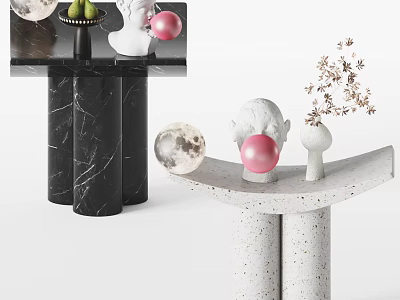 Modern Marble Side Table With Sculpture Pink Ball And Decorative Plant 3d model