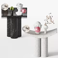 Modern Marble Side Table With Sculpture Pink Ball And Decorative Plant