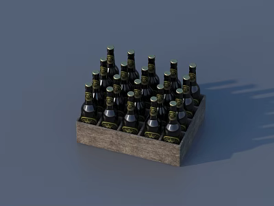 Multiple Glass Wine Bottles Arranged in Wooden Crate on Blue Background 3d model