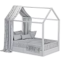 Kids House-Shaped Wooden Bed With Green Curtains String Lights And Cozy Pillows