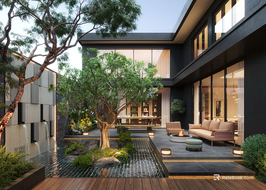 Modern Courtyard Garden with Large Tree Water Feature Wooden Deck and Outdoor Furniture 3d model 