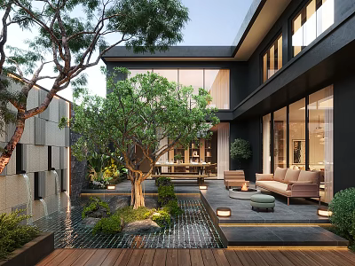 Modern Courtyard Garden with Large Tree Water Feature Wooden Deck and Outdoor Furniture 3d model