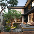 Modern Courtyard Garden with Large Tree Water Feature Wooden Deck and Outdoor Furniture