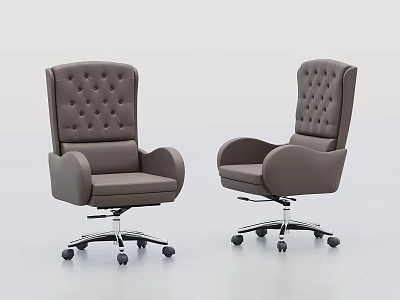Grey Leather Office Chair With Tufted Back Armrests And Wheeled Base 3d model