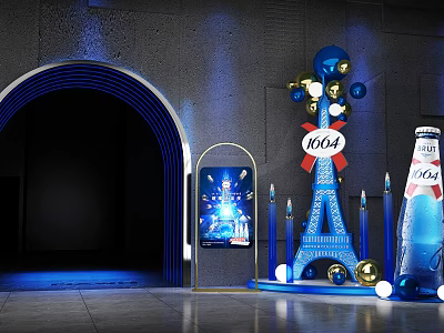 Elegant Club Lounge With 1664 Beer Eiffel Tower Decor Blue Lighting Arch Entrance 3d model