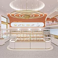 Elegant Dessert Shop Interior With Circular Pastry Display Counter Golden Chandeliers And White Shelves