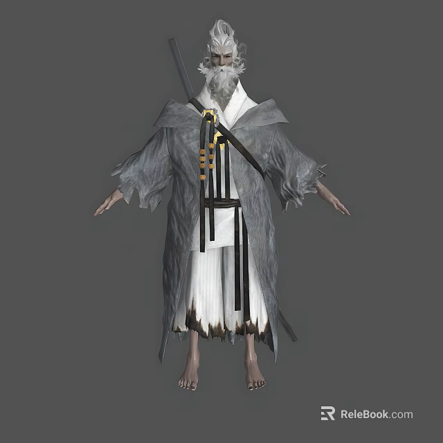 Man In Gray Robe With Black Sash And Golden Decorations Carrying Sword On Back 3d model 