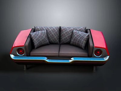 Modern Multi Seat Sofa With Red Sides Plaid Cushions And Car Inspired Design 3d model