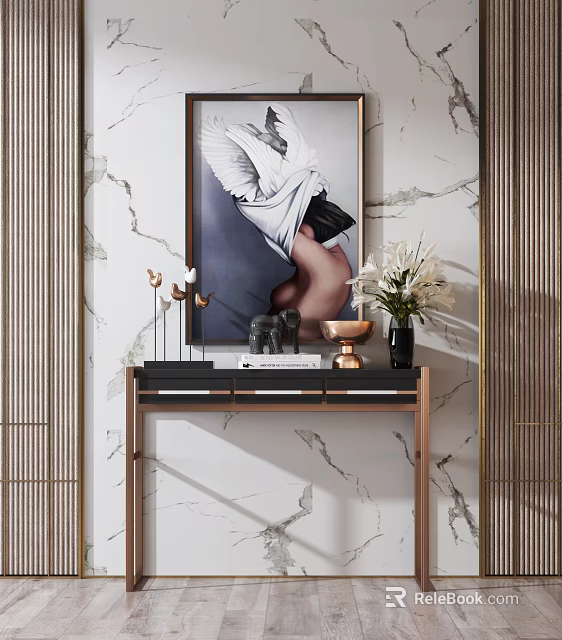 Elegant Modern Console Table With Marble Wall Artwork And Decorative Vase 3d model