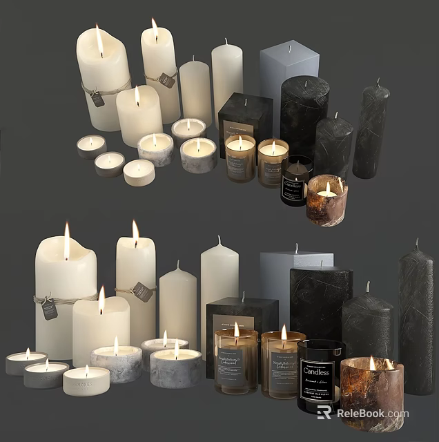Stylish Candle Lamps In White Black Gray With Various Designs And Labels 3d model 