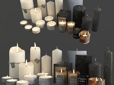Stylish Candle Lamps In White Black Gray With Various Designs And Labels 3d model
