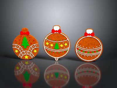 Festive Christmas Gingerbread Ornaments With Green Trees Yellow Stars And Red Bows 3d model