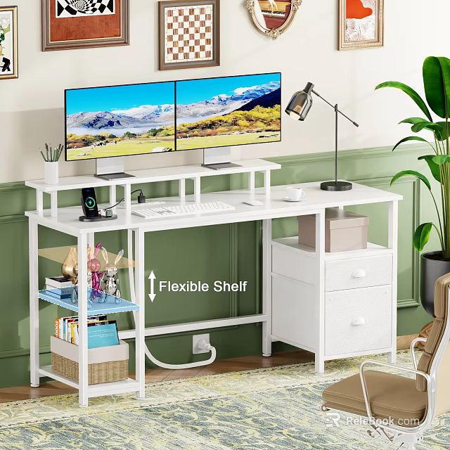 White Home Office Desk With Dual Monitors Stand Desk Lamp Flexible Shelf And Drawer Cabinet 3d model 