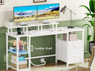 White Home Office Desk With Dual Monitors Stand Desk Lamp Flexible Shelf And Drawer Cabinet 3d model