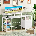 White Home Office Desk With Dual Monitors Stand Desk Lamp Flexible Shelf And Drawer Cabinet