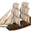 Historic Tall Sailing Ship With Multiple Large Canvas Sails And Wooden Hull