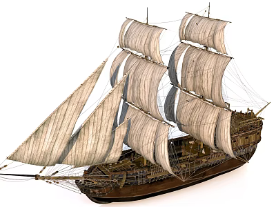 Historic Tall Sailing Ship With Multiple Large Canvas Sails And Wooden Hull 3d model