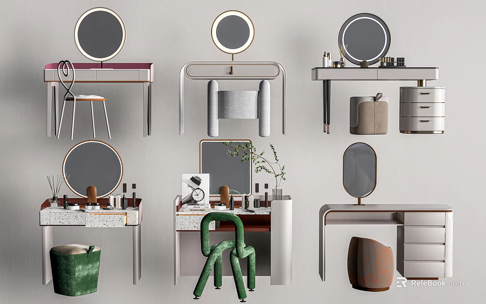 Modern Dressing Tables With Round Mirrors Matching Stools And Decorative Items 3d model
