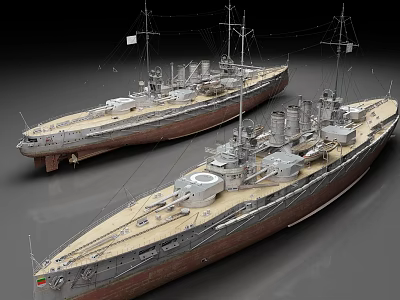 Two Historical Military Warship Models With Turrets Masts And Detailed Decks 3d model