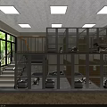 Two Story Pet Mall Shop Interior With Cages Staircase And Bright Ceiling Lights