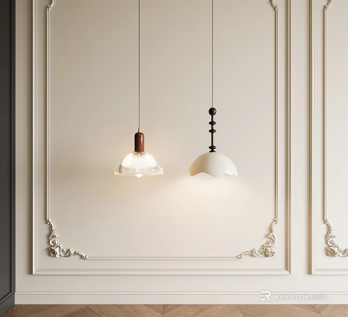 Modern Pendant Lights With Copper Base Glass Shade And White Dome On Decorative Wall 3d model 