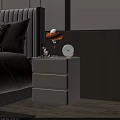 Modern White Nightstand With Drawers Orange Lamp And Clock By Bedside