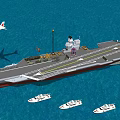 Large Aircraft Carrier Sailing In Ocean With Small Boats And Flying Airplane