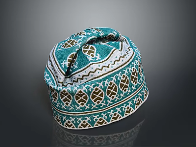 Teal Ethnic Style Hat with Geometric Patterns and Brown Leaf Designs 3d model