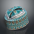 Teal Ethnic Style Hat with Geometric Patterns and Brown Leaf Designs