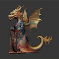 Mythical Golden Horned Dragon Statue in Colorful Traditional Attire with Decorative Wings