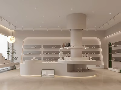 Minimalist White Shoe Store Interior Design With Round Central Island And Shelves Displaying Shoes 3d model