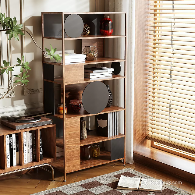 Wooden Bookcase With Shelves Holding Books Decorative Vases And Plates Near Window With Natural Light 3d model 