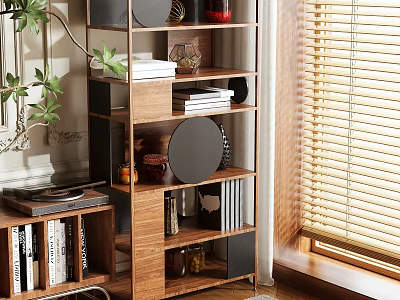 Wooden Bookcase With Shelves Holding Books Decorative Vases And Plates Near Window With Natural Light 3d model