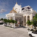 Elegant White Detached Villa With Golden Dome Columns Palm Trees And White Cars