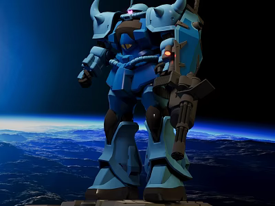 Smart Machine Blue Robot Standing In Space With Earth Background And Armor 3d model