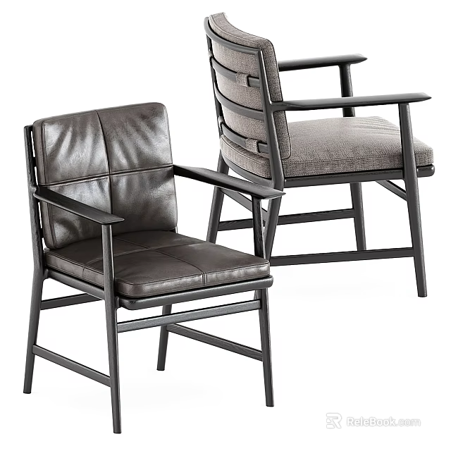 Modern Design Leather and Fabric Upholstered Leisure Chair with Armrests and Black Frame 3d model 