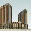 Modern Twin High Rise Office Building With Golden Facade And Ground Floor Entrance