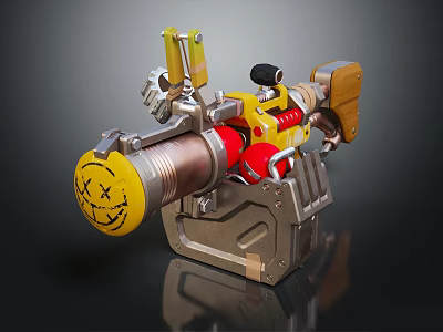 Unique Weapon Design With Yellow Circular Part Red Components And Wooden Grip 3d model