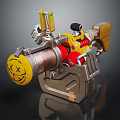Unique Weapon Design With Yellow Circular Part Red Components And Wooden Grip