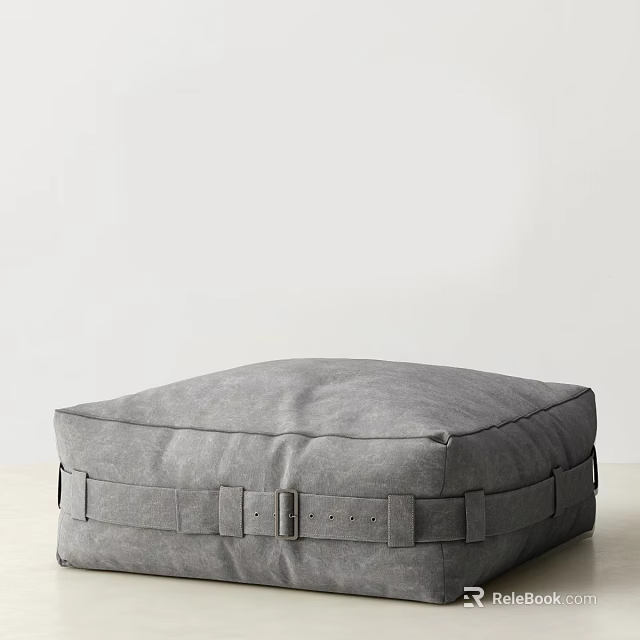 Gray Square Fabric Ottoman With Straps And Metal Buckles For Indoor Decor 3d model 