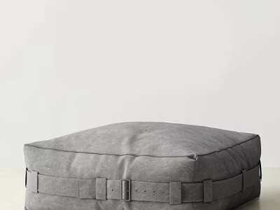 Gray Square Fabric Ottoman With Straps And Metal Buckles For Indoor Decor 3d model