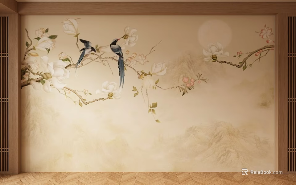 Traditional Chinese Landscape Painting With Two Birds On Magnolia Branches Moon And Mountain Background 3d model 